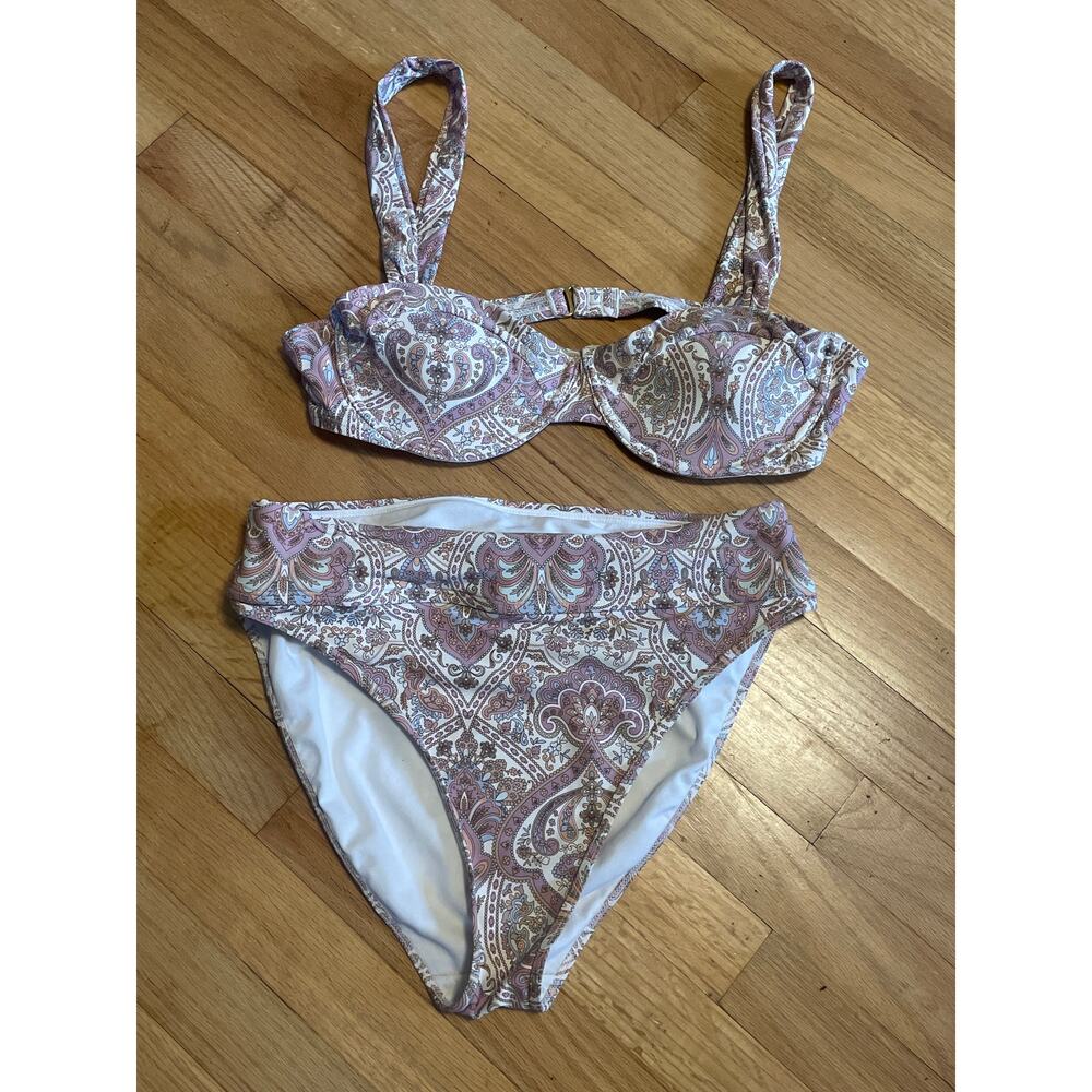 Women's Paisley High-Waist Bikini Set - Pink/White